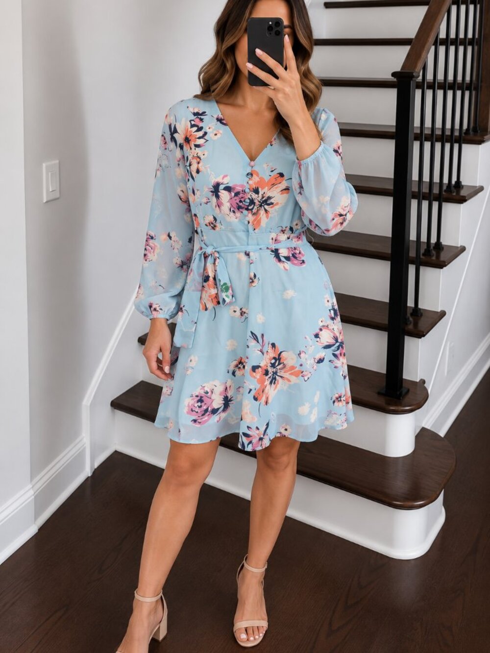 Light Blue Floral Tie Waist Dress